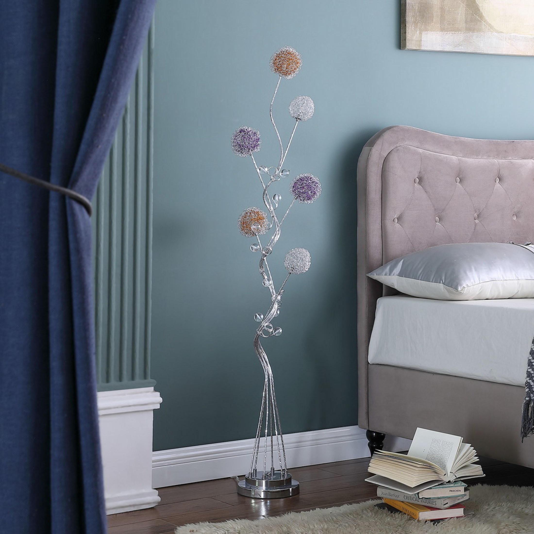 Noble House 58.5" Zeus 6-Light LED Floor Lamp, Aluminum Wire Bun Shades, Chrome Base, G4 Bulbs Included, Silver