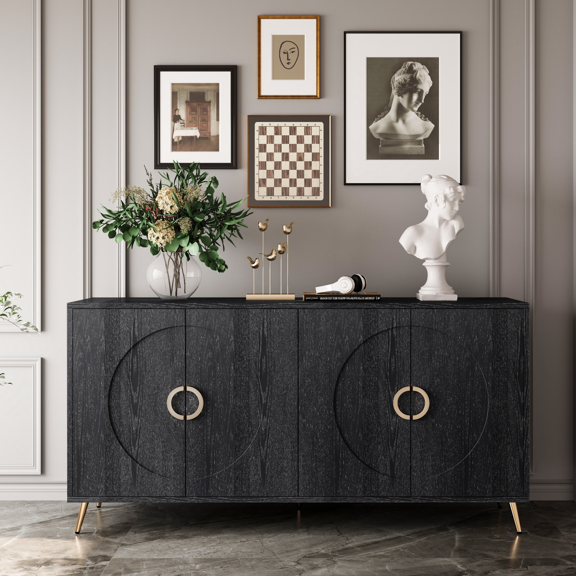 Noble House 59.8" Modern Lacquered Sideboard, Buffet Storage Cabinet with Adjustable Shelves, Distressed Black