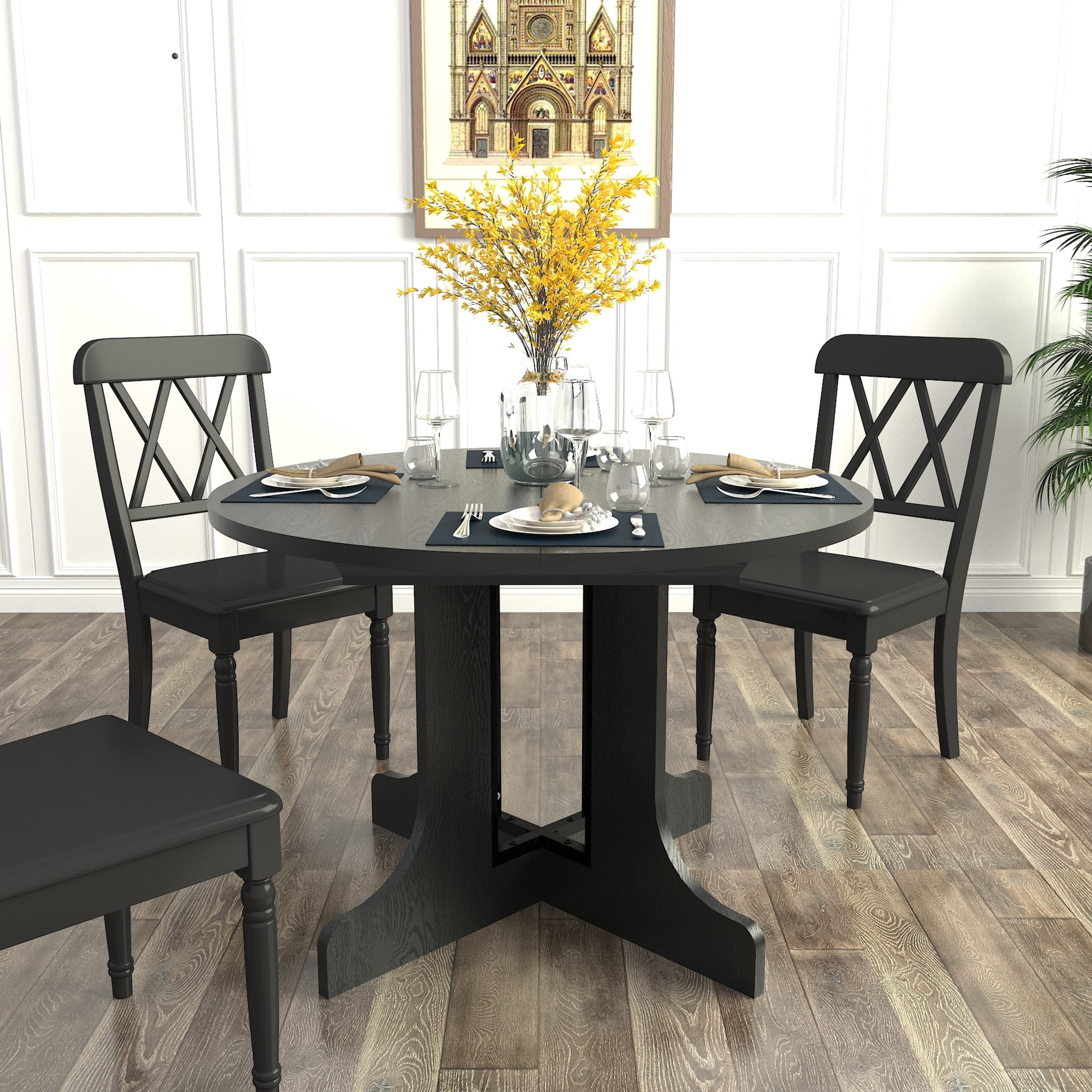 Noble House 59" Farmhouse Expandable Oval Dining Table, Removable Leaf, X-Shaped Trestle Base Kitchen Table, Black