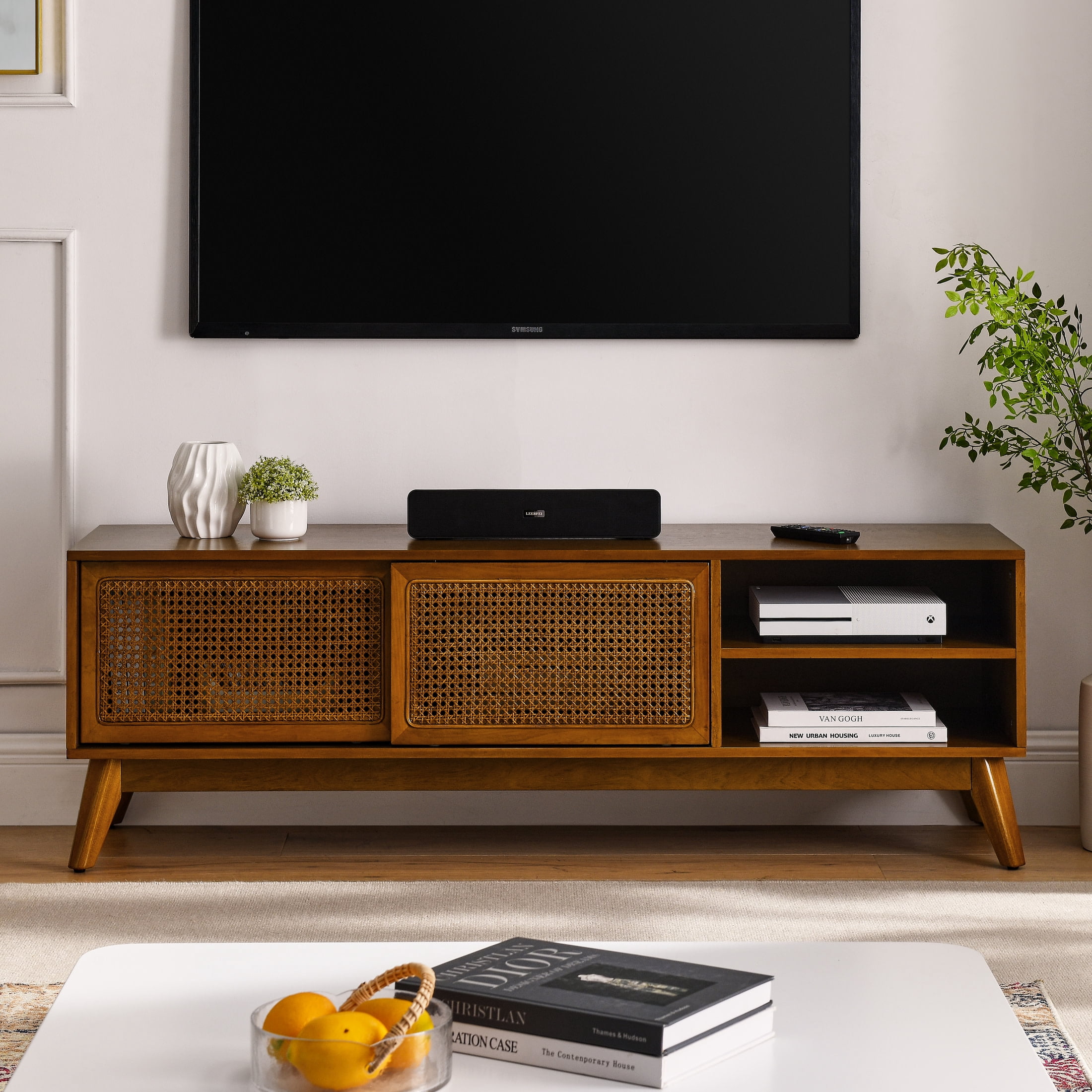 Noble House 59" Mid-Century Rattan TV Stand, Entertainment Cabinet with Sliding Doors, for Living Room, Brown Ebony