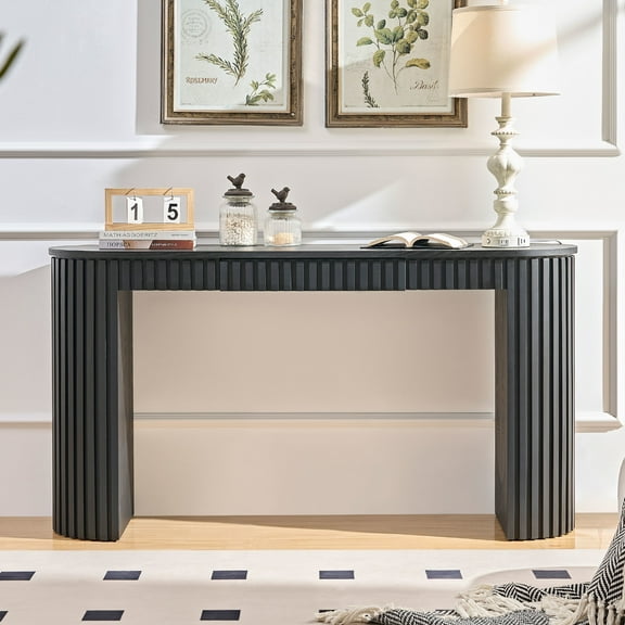 Noble House 59" Modern Console Table, Curved Top, Stripe Legs, Drawer Storage, Entryway Sofa Table, Black