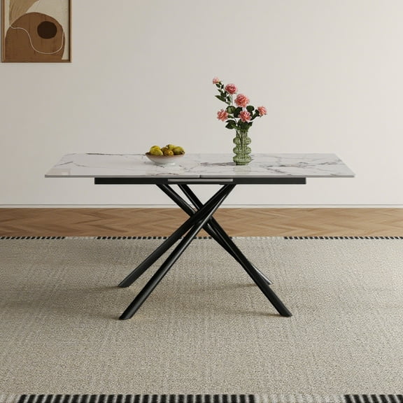 Noble House 59" Modern Expandable Dining Table for 4-6 Person, Stone Top and Steel X-Base, Black+White
