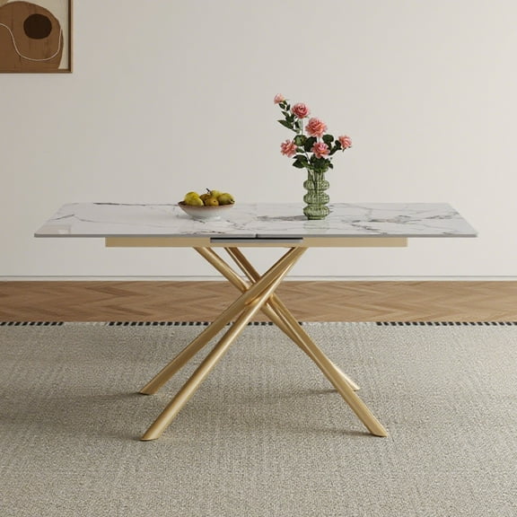 Noble House 59" Modern Expandable Dining Table for 4-6 Person, Stone Top and Steel X-Base, Gold+White