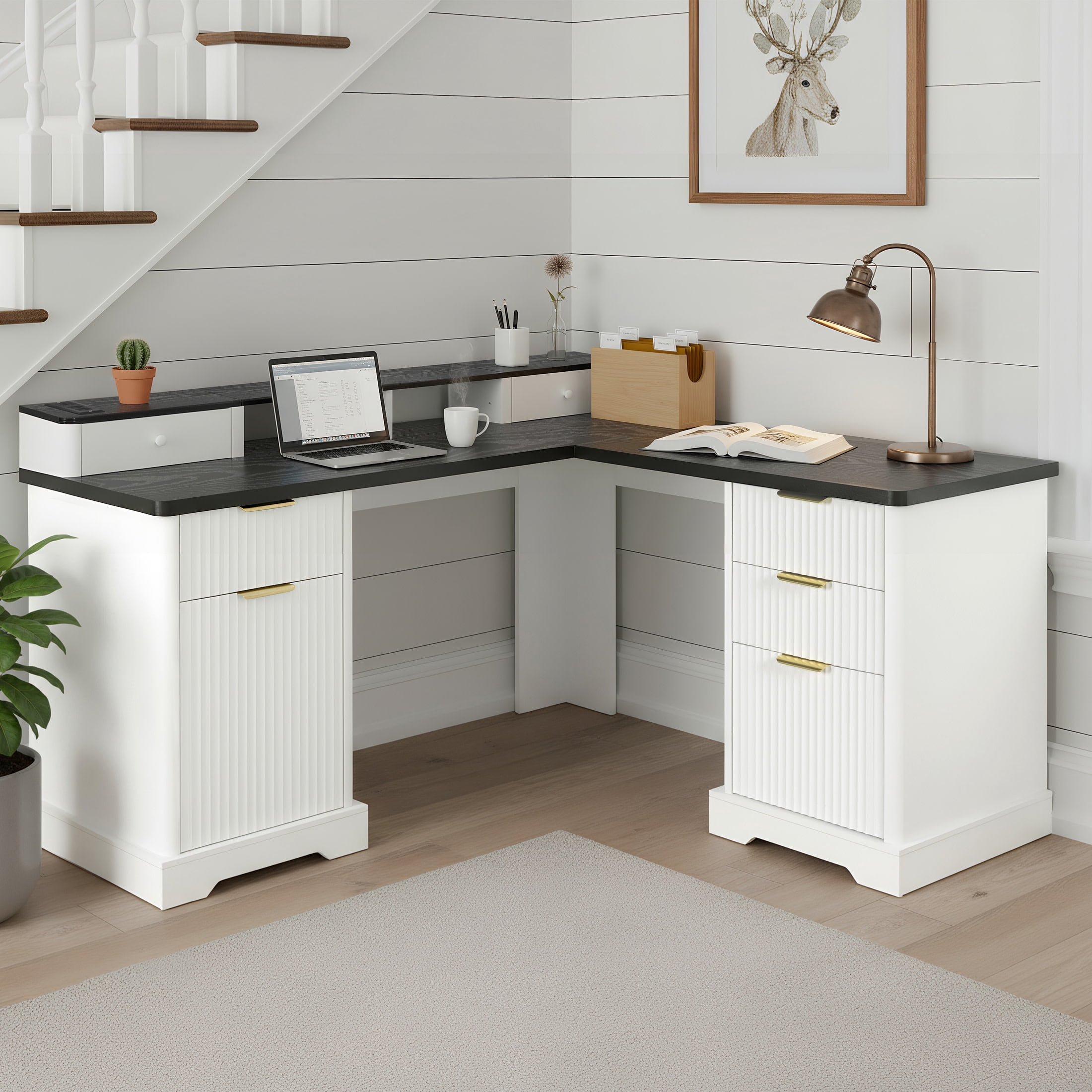 Noble House 59" Modern L-Shaped Desk with Charging Station, Monitor Stand, Drawer and Storage Cabinet, White