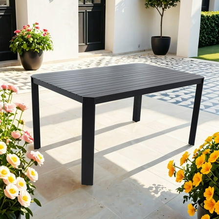 Noble House 59" Outdoor Aluminum Dining Table, Modern Slatted Top with Umbrella Hole, Angled Corners, Bourbon Brown