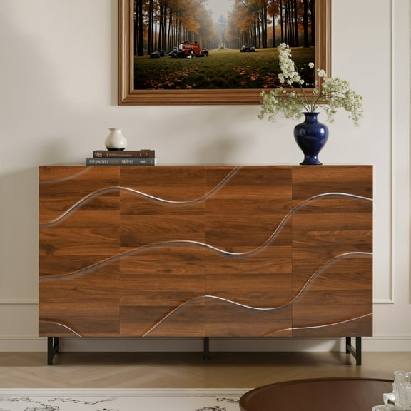 Noble House 59" Solid Wood Sideboard, Wave-Relief Walnut Texture, Iron Legs, Living Room Storage Cabinet, Natural