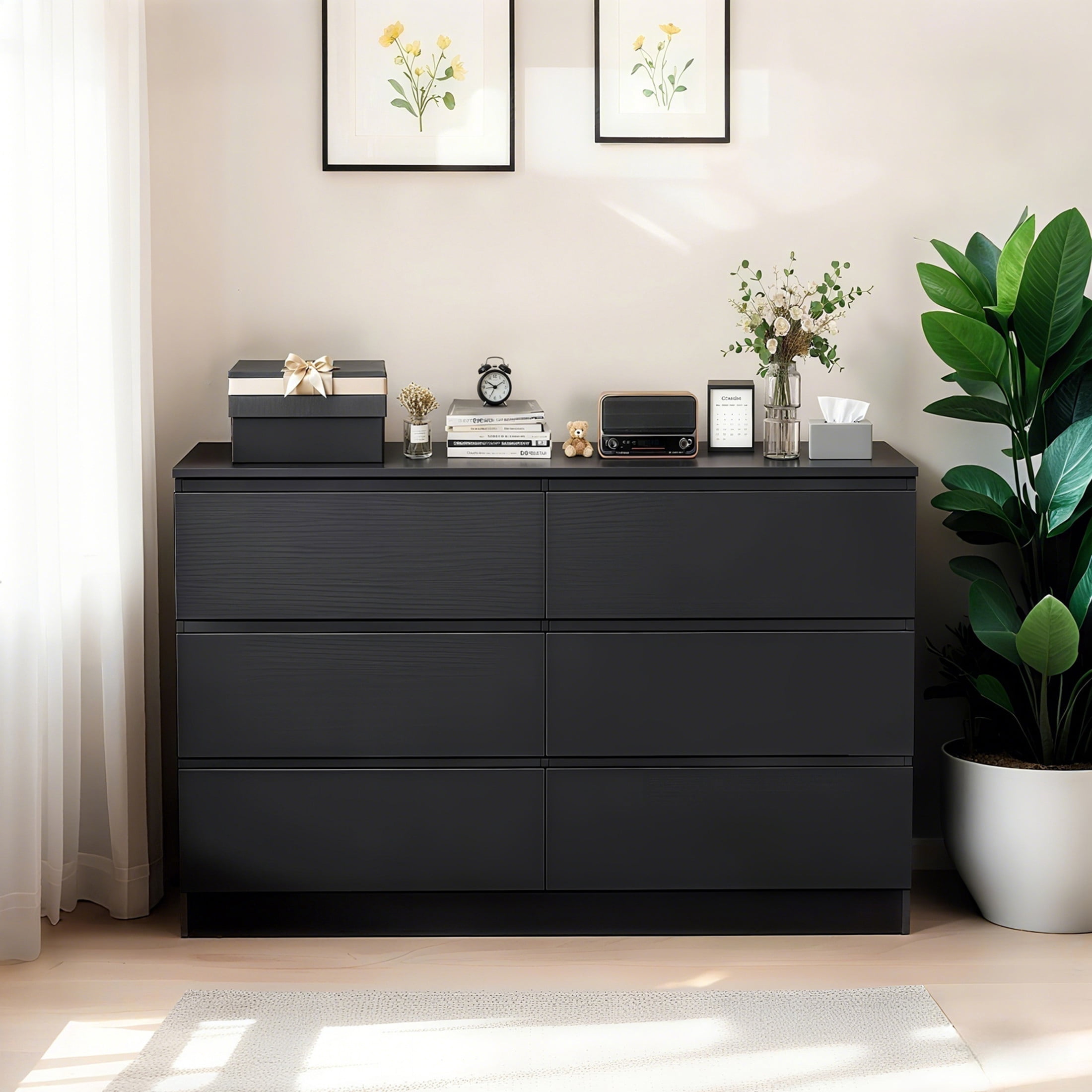 Noble House 6-Drawer Dresser, Modern Wooden Storage Cabinet, Concealed Handles, for Bedroom, Living Room, Black