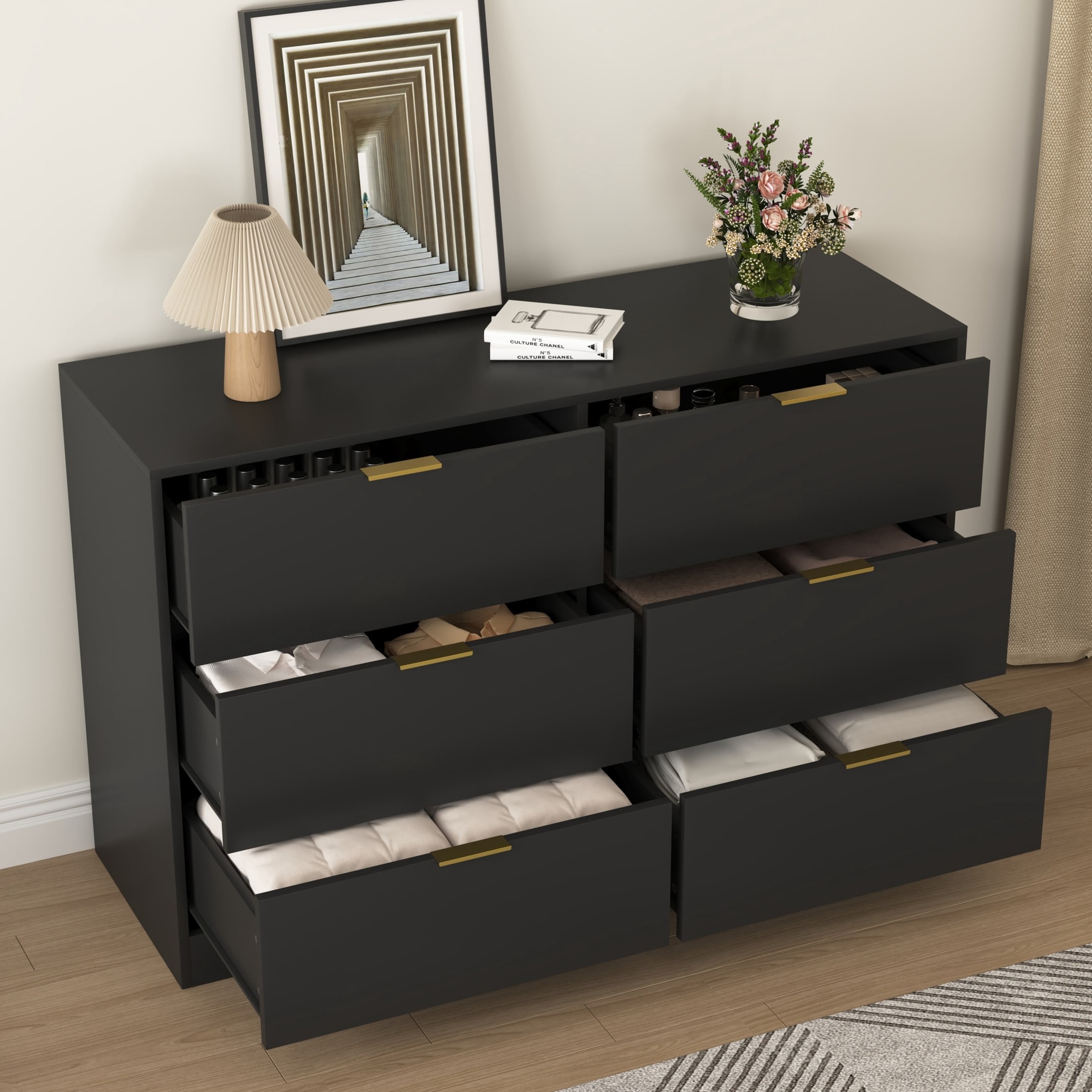 Noble House 6-Drawer Dresser, Wooden Storage Cabinet for Bedroom, Living Room, Black