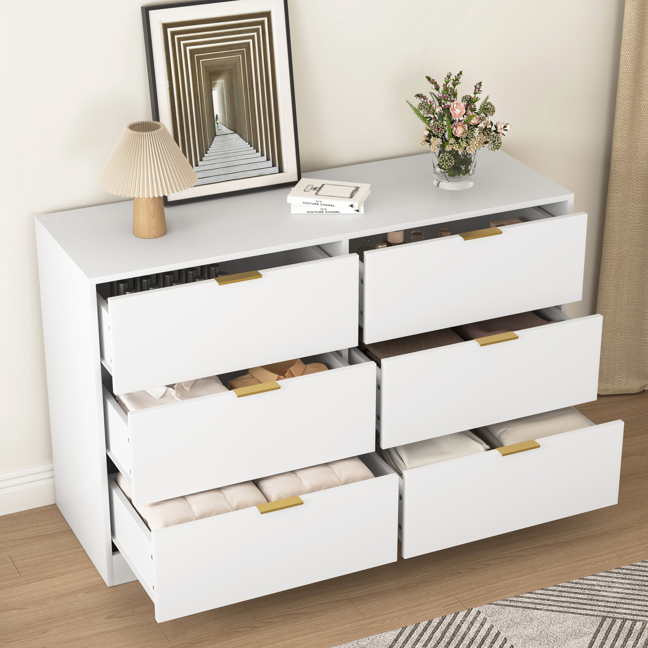 Noble House 6-Drawer Dresser, Wooden Storage Cabinet for Bedroom, Living Room, White