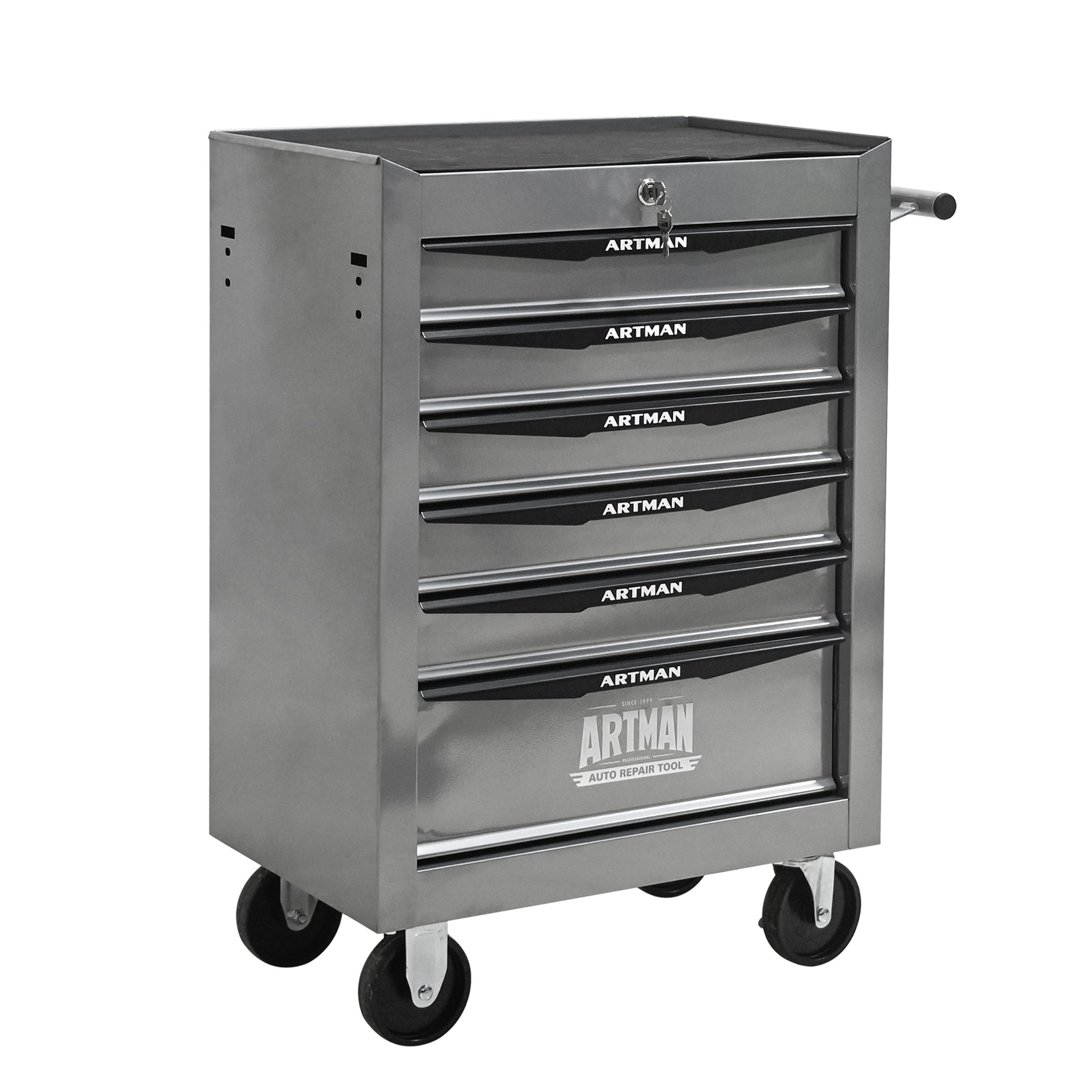 Noble House 6-Drawer Mobile Steel Tool Organizer with Key Lock, Ball Bearing Slide Storage Cabinet Box, Silver