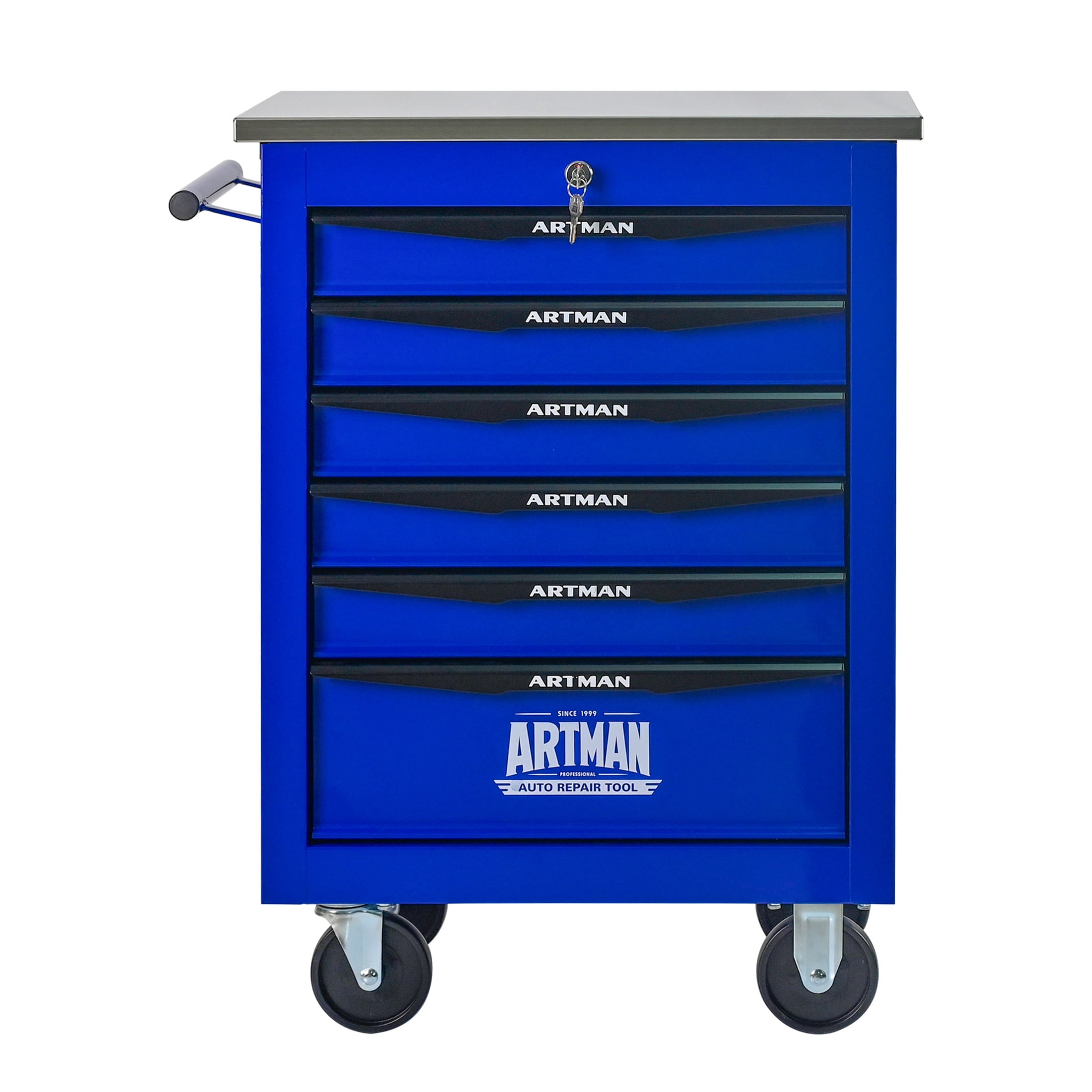 Noble House 6-Drawer Rolling Tool Organizer Cart, Steel Mobile Chest Storage with Worktop for Garage Workshop, Blue