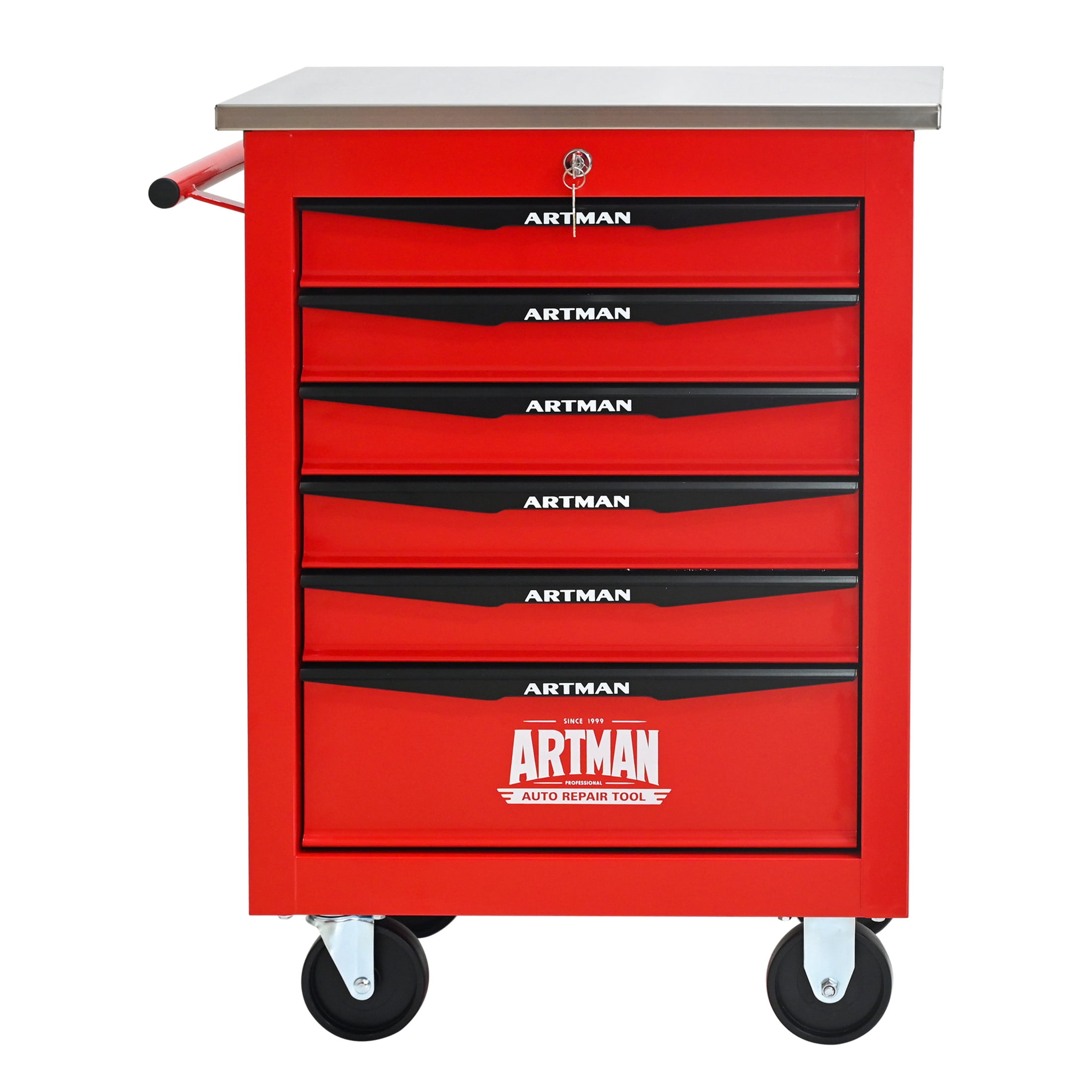 Noble House 6-Drawer Rolling Tool Organizer Cart, Steel Mobile Chest Storage with Worktop for Garage Workshop, Red