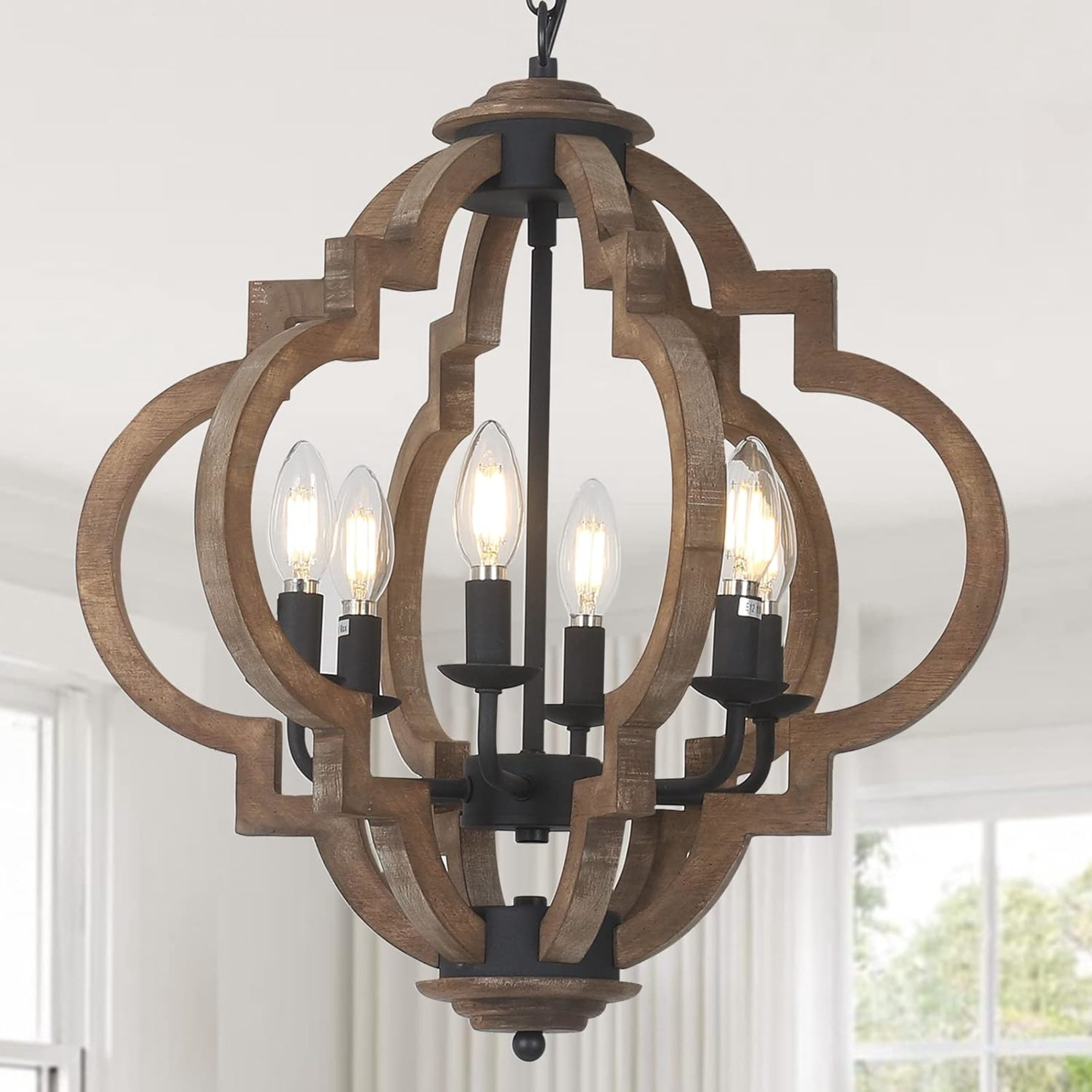 Noble House 6-Light Farmhouse Orb Chandelier, Adjustable Height, for Bedrooms Entryway Living Room, Wood