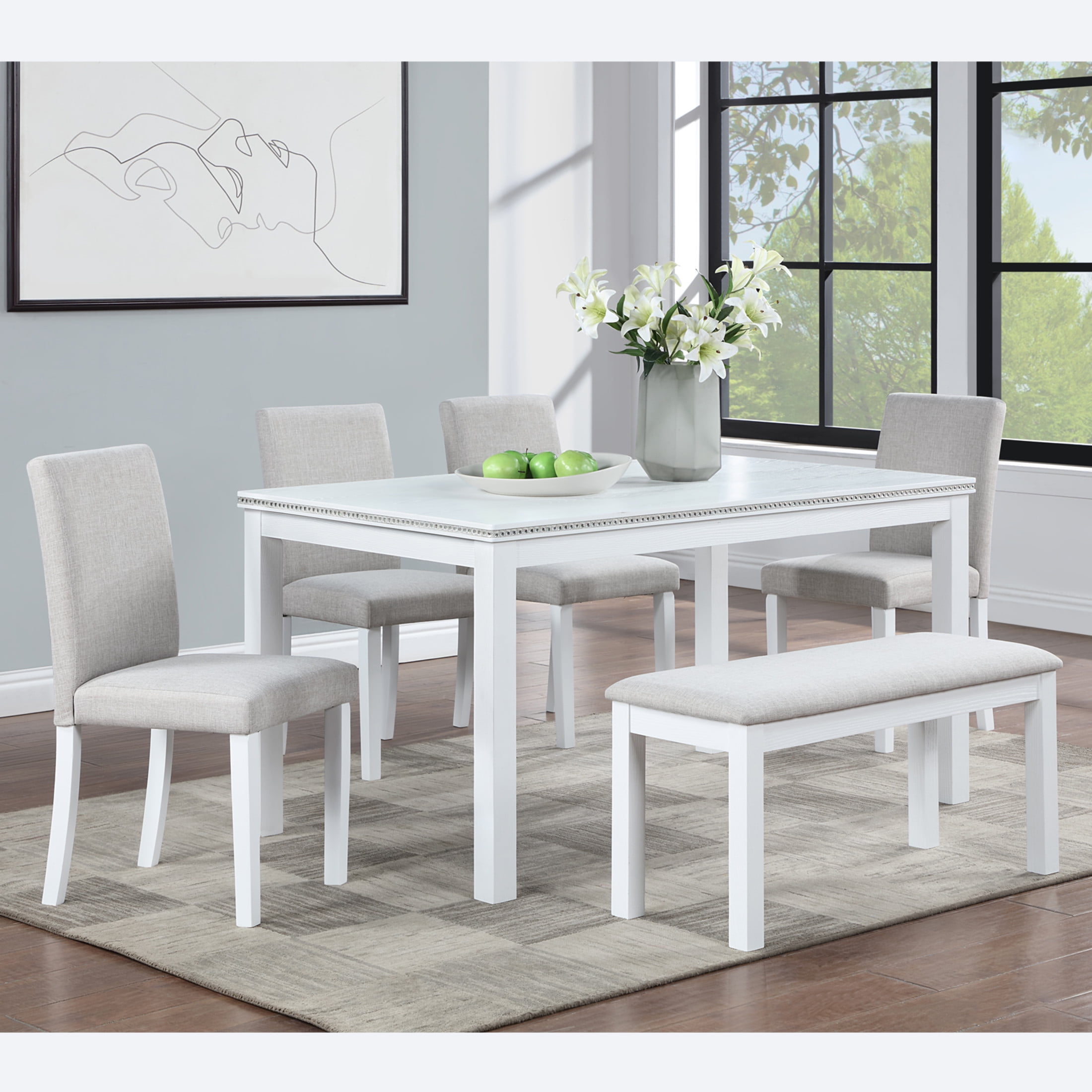 Noble House 6-Piece Rectangular Wooden Dining Table Set with Upholstered Chairs and Bench, White+Light Gray