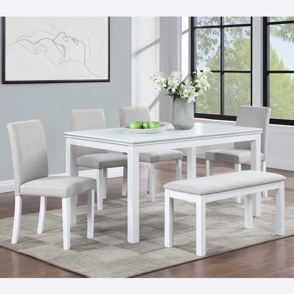 Noble House 6-Piece Rectangular Wooden Dining Table Set with Upholstered Chairs and Bench, White Light Gray