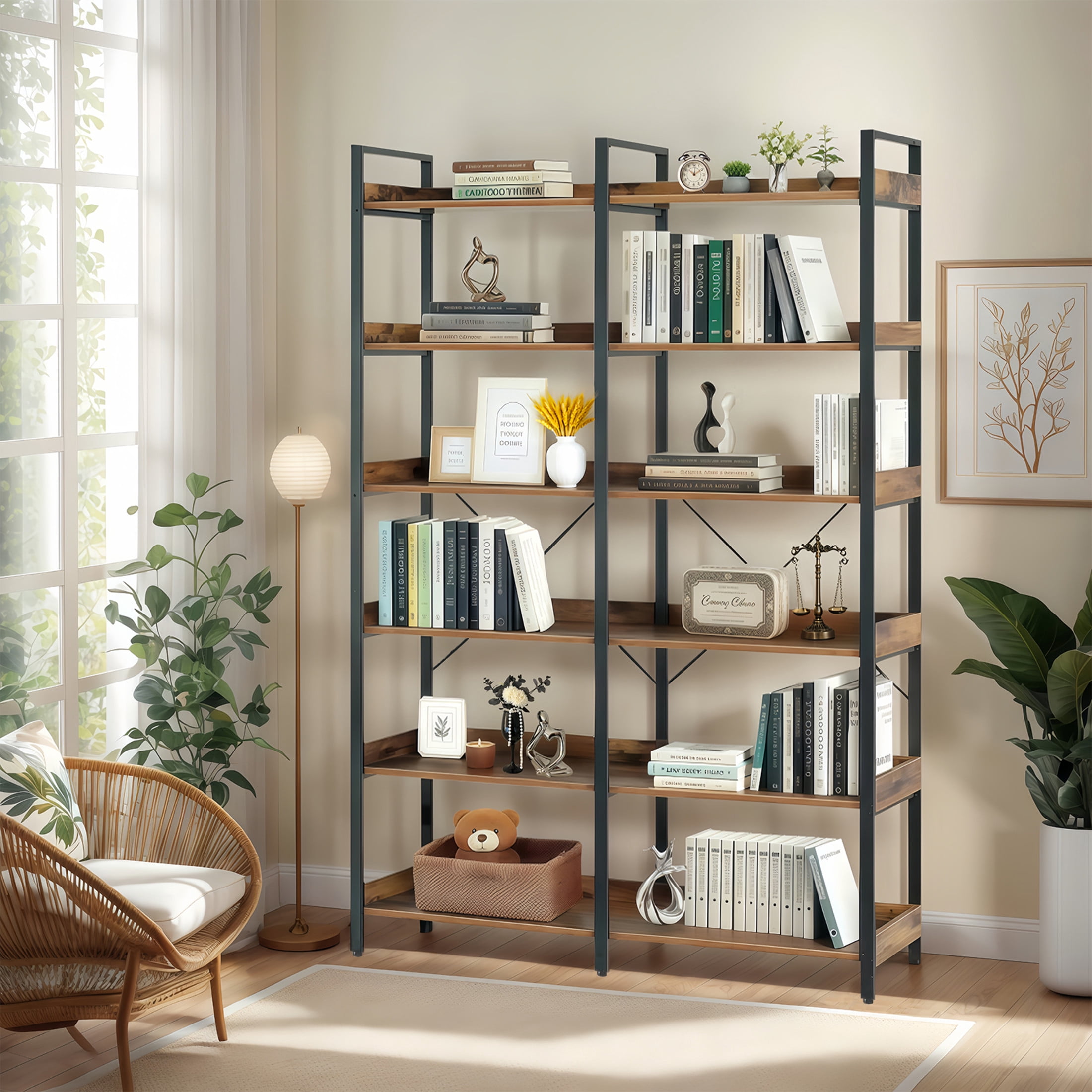 Noble House 6-Tier Industrial Bookshelf, Metal Open Bookcase with Edge Guards, for Storage and Display, Brown + Black