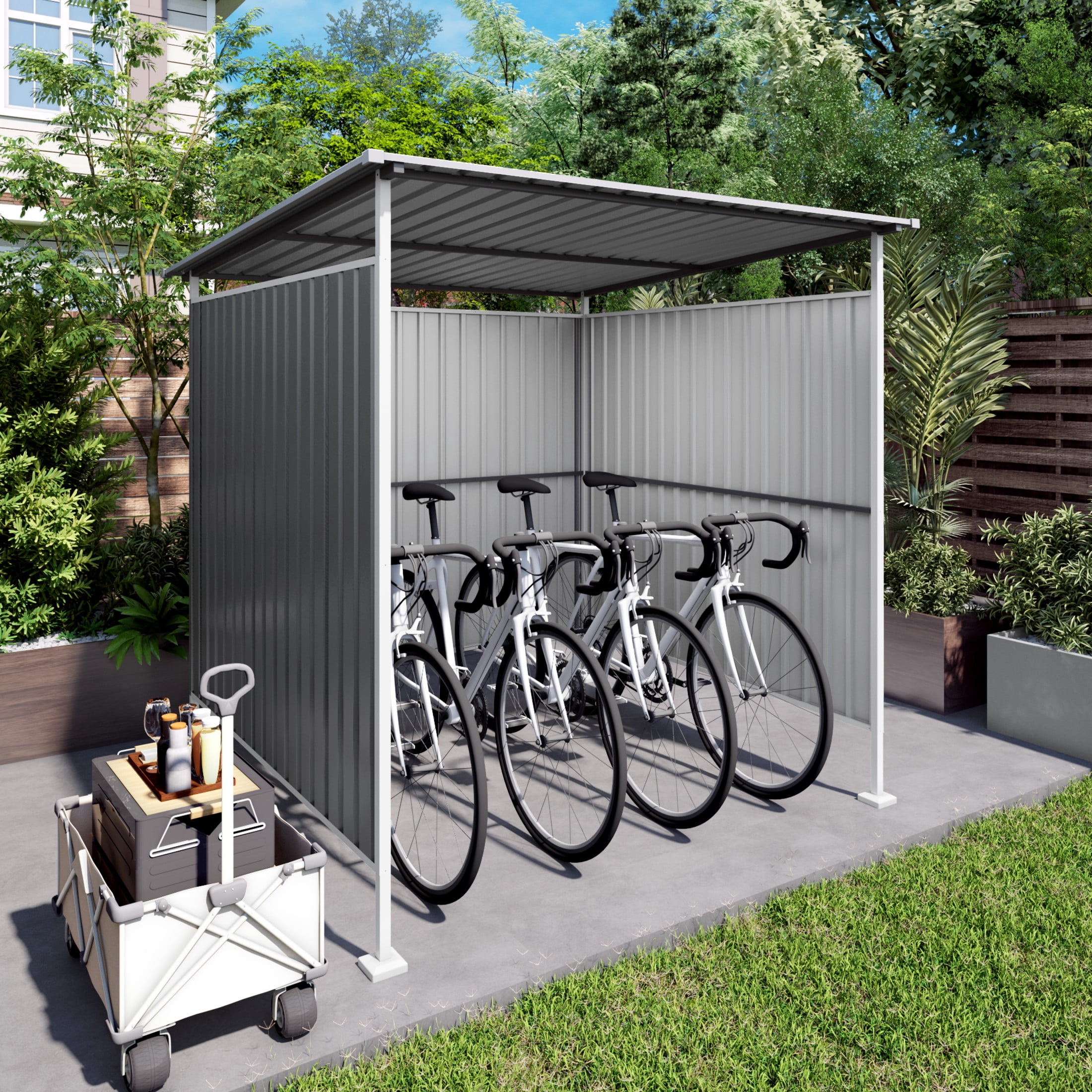 Noble House 6 ft x 6 ft Outdoor Pergola, Metal Bike Storage Shed with Hardtop Roof, Gray