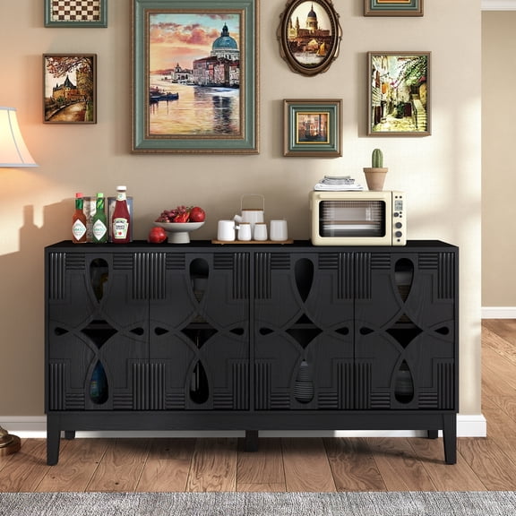 Noble House 60.5" Mid-Century Modern Sideboard Buffet Cabinet, Media Console with Doors & Adjustable Shelves, Black