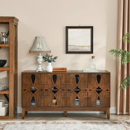 Noble House 60.5" Mid-Century Modern Sideboard Buffet Cabinet, Media Console with Doors & Adjustable Shelves, Walnut