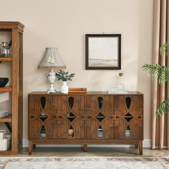Noble House 60.5" Mid-Century Modern Sideboard Buffet Cabinet, Media Console with Doors & Adjustable Shelves, Walnut