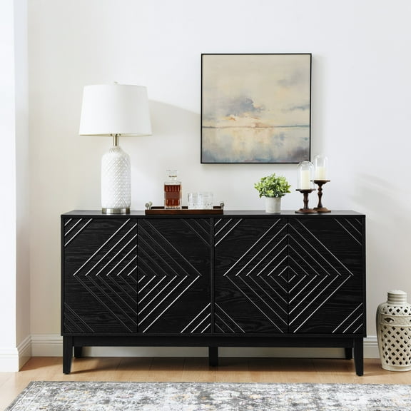 Noble House 60.5" Modern Farmhouse Fluted Sideboard Buffet Cabinet with Geometric Pattern, Adjustable Shelves, Black
