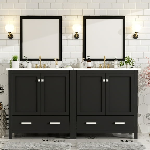 Noble House 60" Double Bathroom Vanity Set with Ceramic Sinks, Storage Shelves, Divided Drawers & Soft-Close Doors, Black