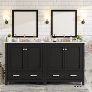 Noble House 60 Double Bathroom Vanity Set with Ceramic Sinks, Storage Shelves, Divided Drawers & Soft-Close Doors, Black