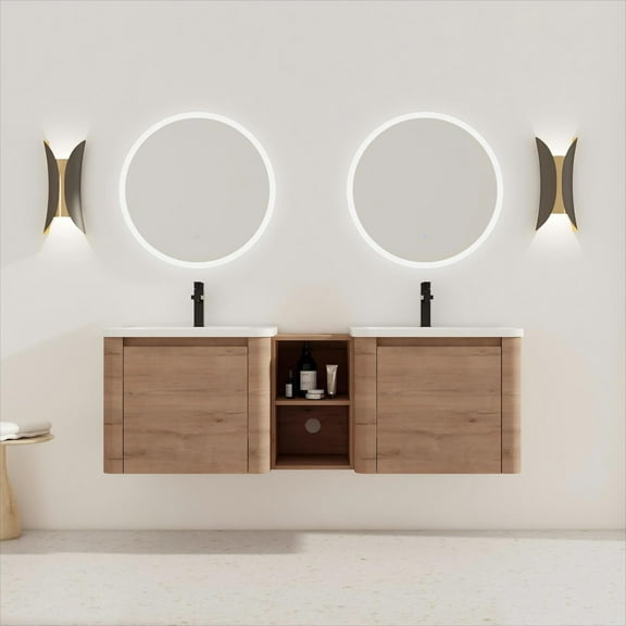 Noble House 60" Floating Bathroom Vanity, White Ceramic Sink, Soft-Close Door, Rounded Corners, Shelves, Imitative Oak