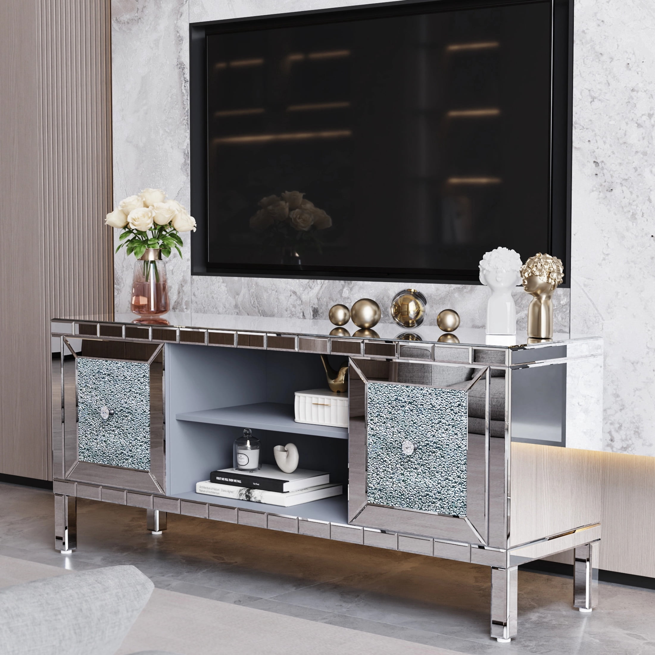 Noble House 60" Modern Mirrored TV Stand, Crushed Diamond Glass Doors Media Console with Adjustable Storage, Silver