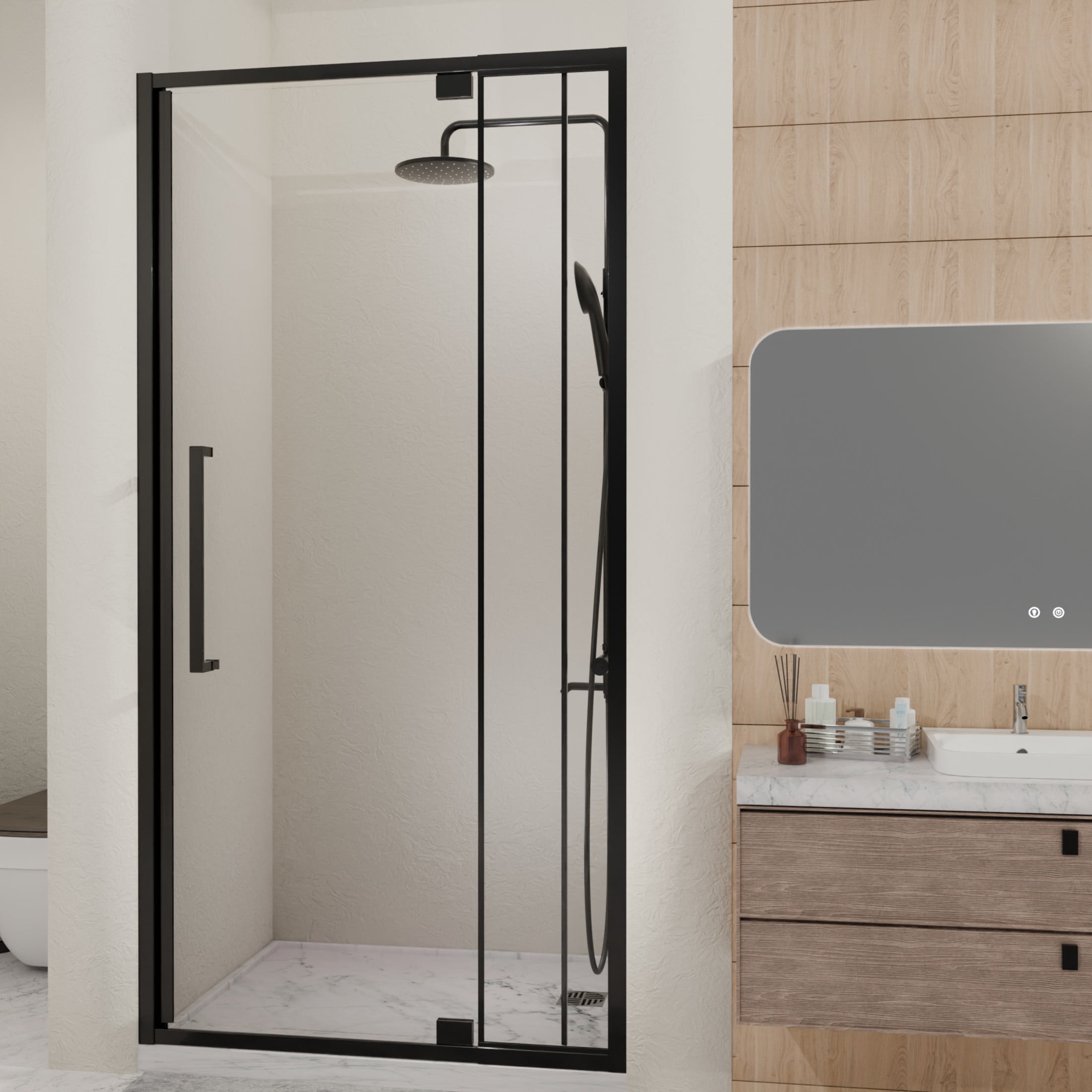 Noble House 60" Pivot Hinged Glass Shower Door, Adjustable Semi-Frameless Reversible Shower Door, Matte Black