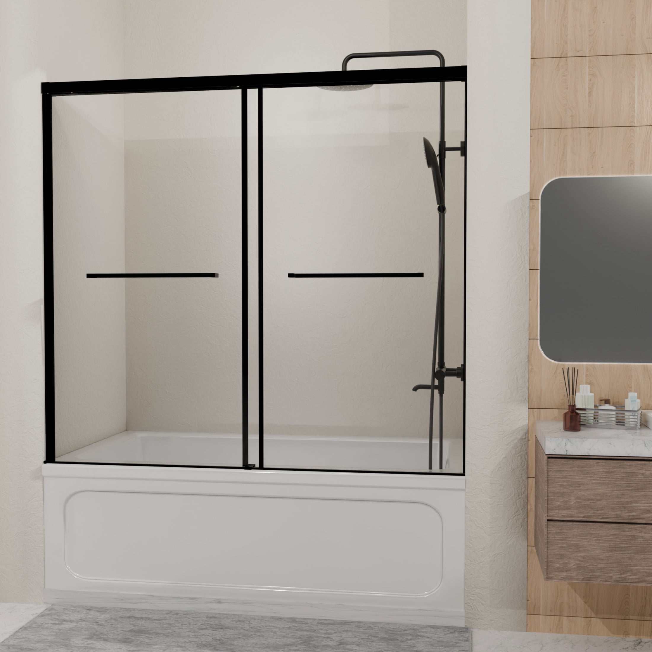 Noble House 60"x60" Bathtub Sliding Shower Door, Semi-Frameless Double Tub Door, Tempered Clear Glass, Matte Black
