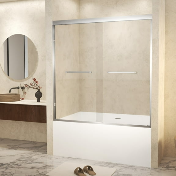 Noble House 60"x60" Double Sliding Shower Door, Aluminum Frame with Tempered Glass, Brushed Nickel Finish