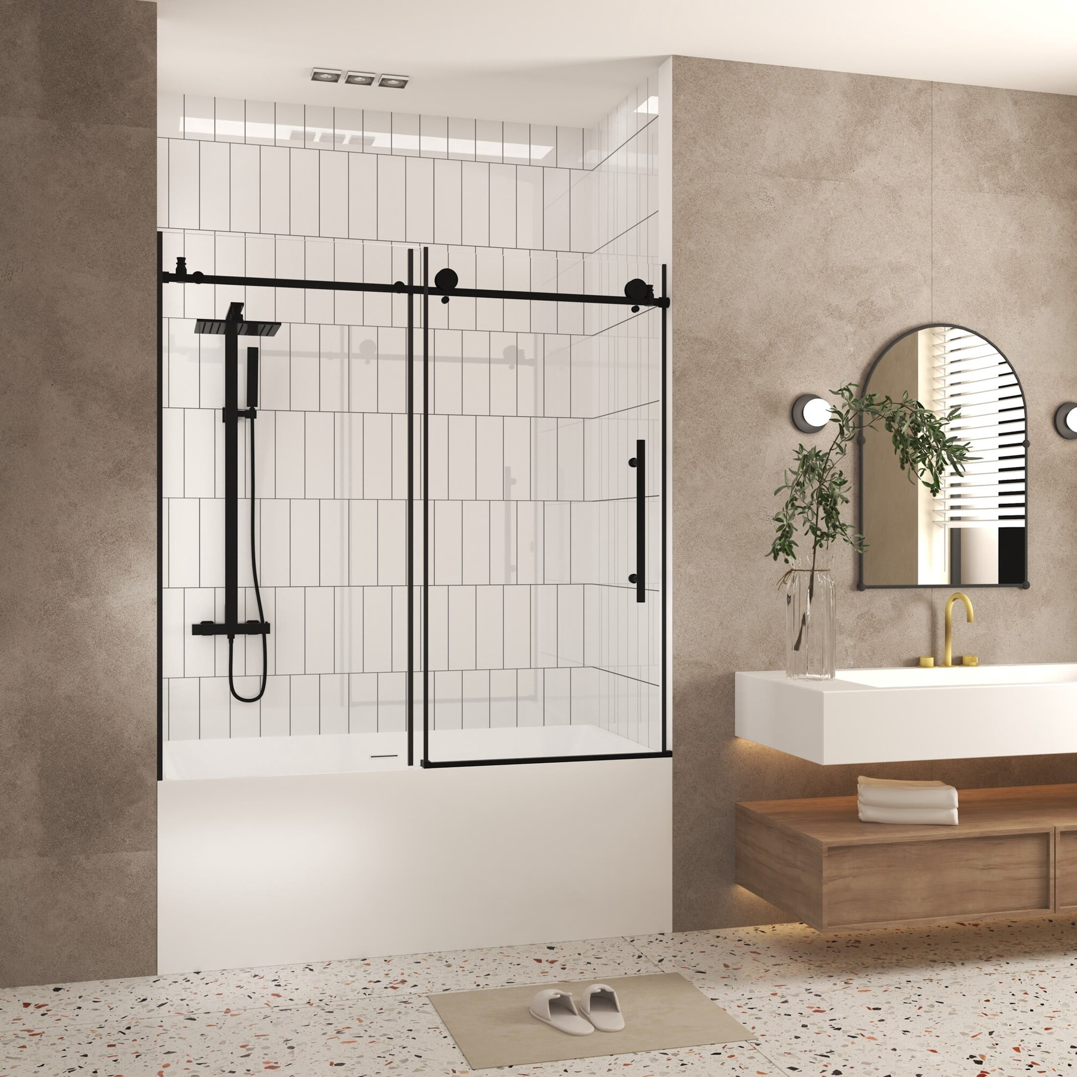Noble House 60"x60" Frameless Sliding Shower Door, Tempered Glass with Stainless Steel Handle, Matte Black