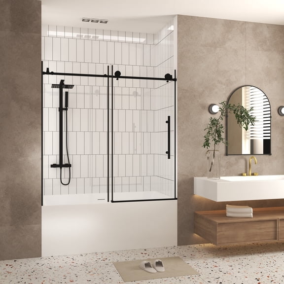 Noble House 60"x60" Frameless Sliding Shower Door, Tempered Glass with Stainless Steel Handle, Matte Black