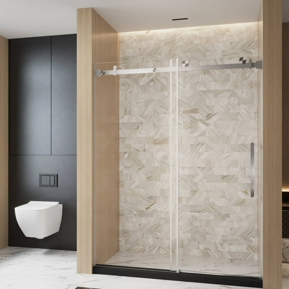 Noble House 60"x76" Frameless Sliding Shower Door, Tempered Glass with Stainless Steel Handle, Brushed Nickel