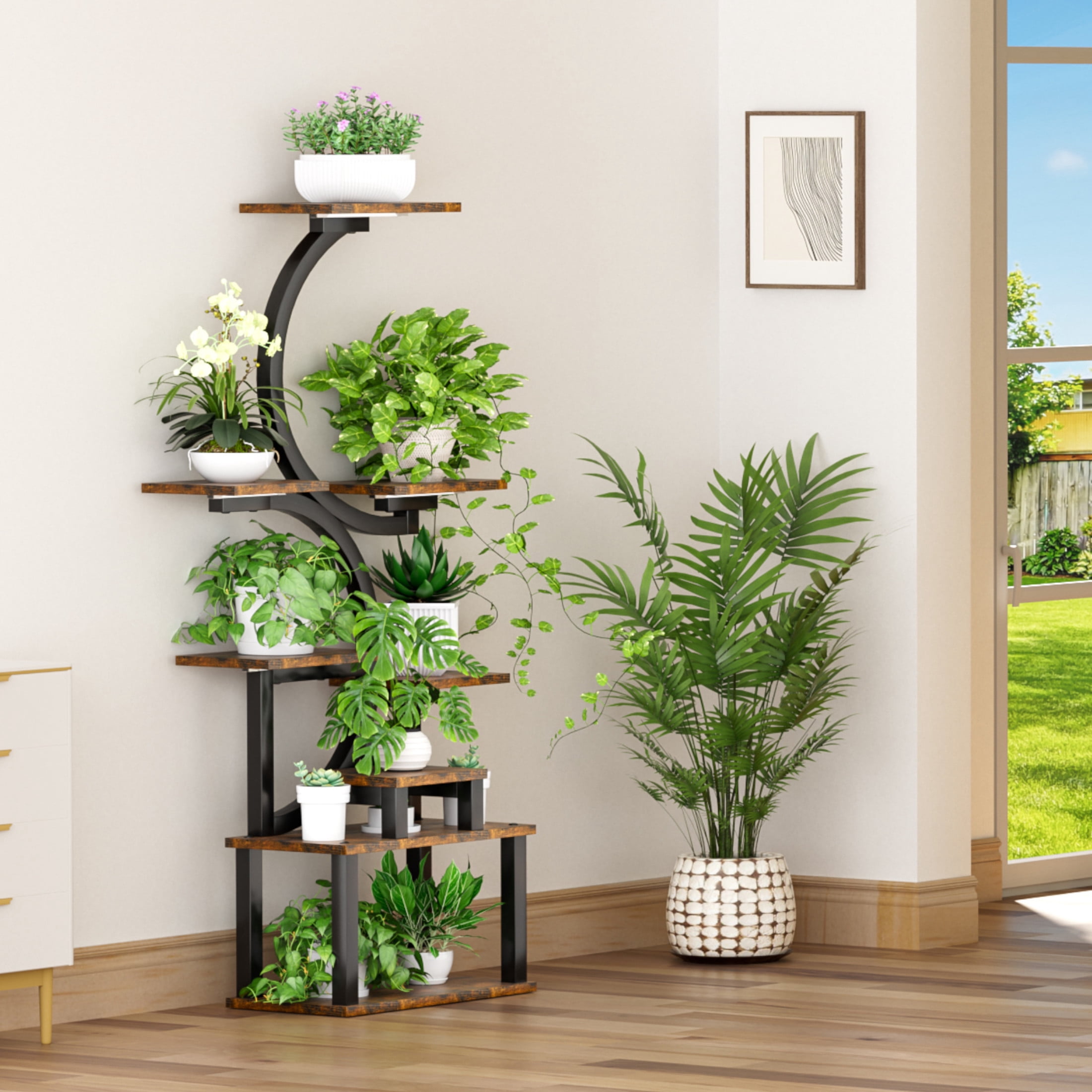 Noble House 62" 8-Tier S-Shaped Indoor Plant Stand, Wood Multi-Plant Display Rack with 5 Grow Lights, Rustic Brown