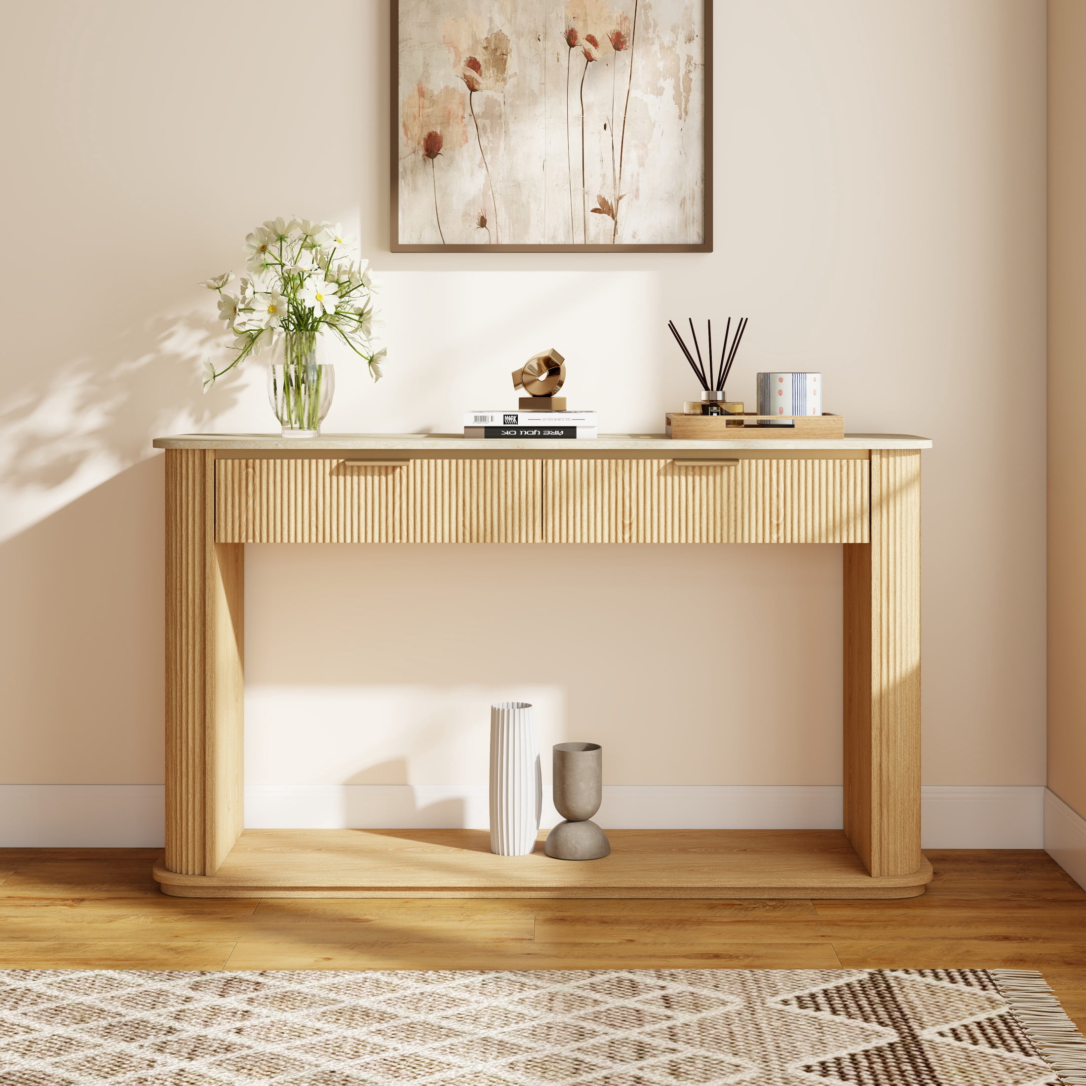 Noble House 63" Fluted Console Table with Faux Travertine Top & Rose Gold Trim, Entryway Sofa Table, Natural Wood