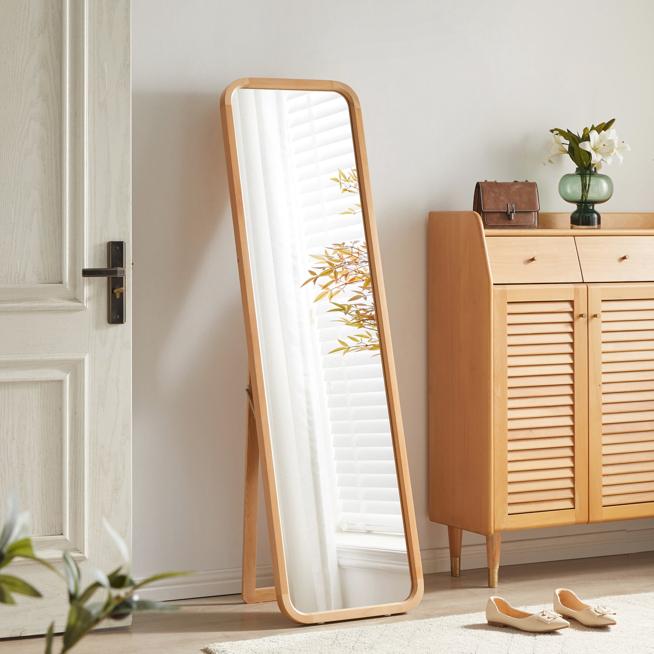 Noble House 63" Full Length Mirror, Solid Beech Wood Frame Freestanding Floor Mirror, Natural