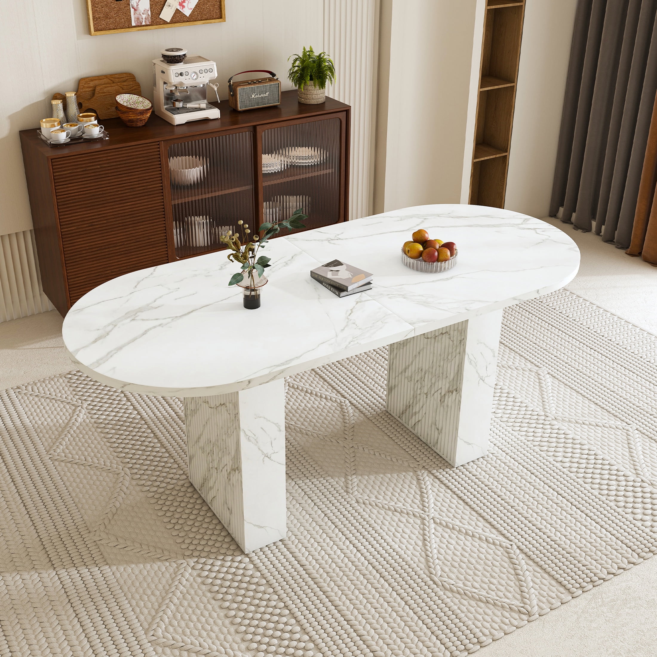 Noble House 63" Oval Dining Table for 6, Marble Top with Wood Strip Base, Modern Farmhouse Kitchen Table, White