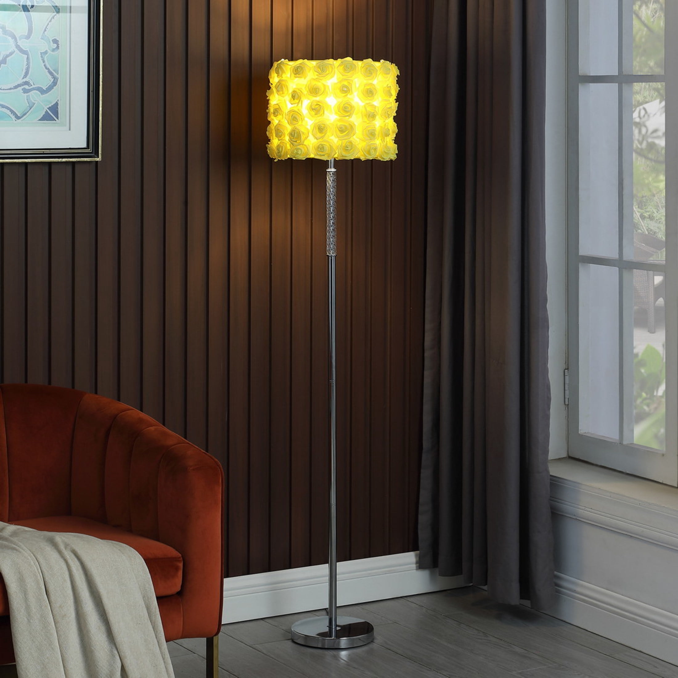 Noble House 63" Roses Floor Lamp, Twisted Acrylic Body, Drum Shade, Step-On Switch, Chrome Base, Yellow