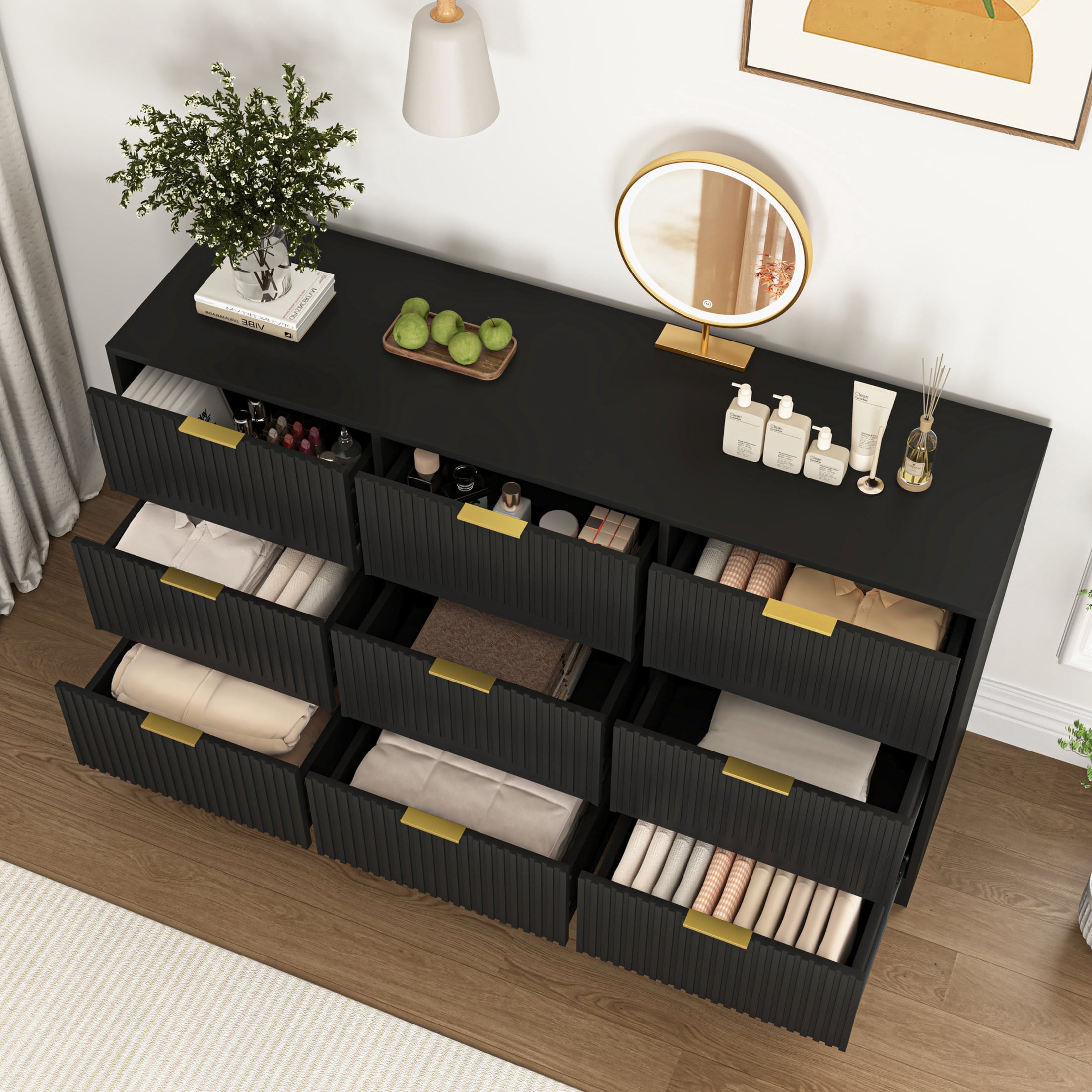 Noble House 63" Wide 9-Drawer Dresser, Modern Storage Chest with Gold Handles, Black