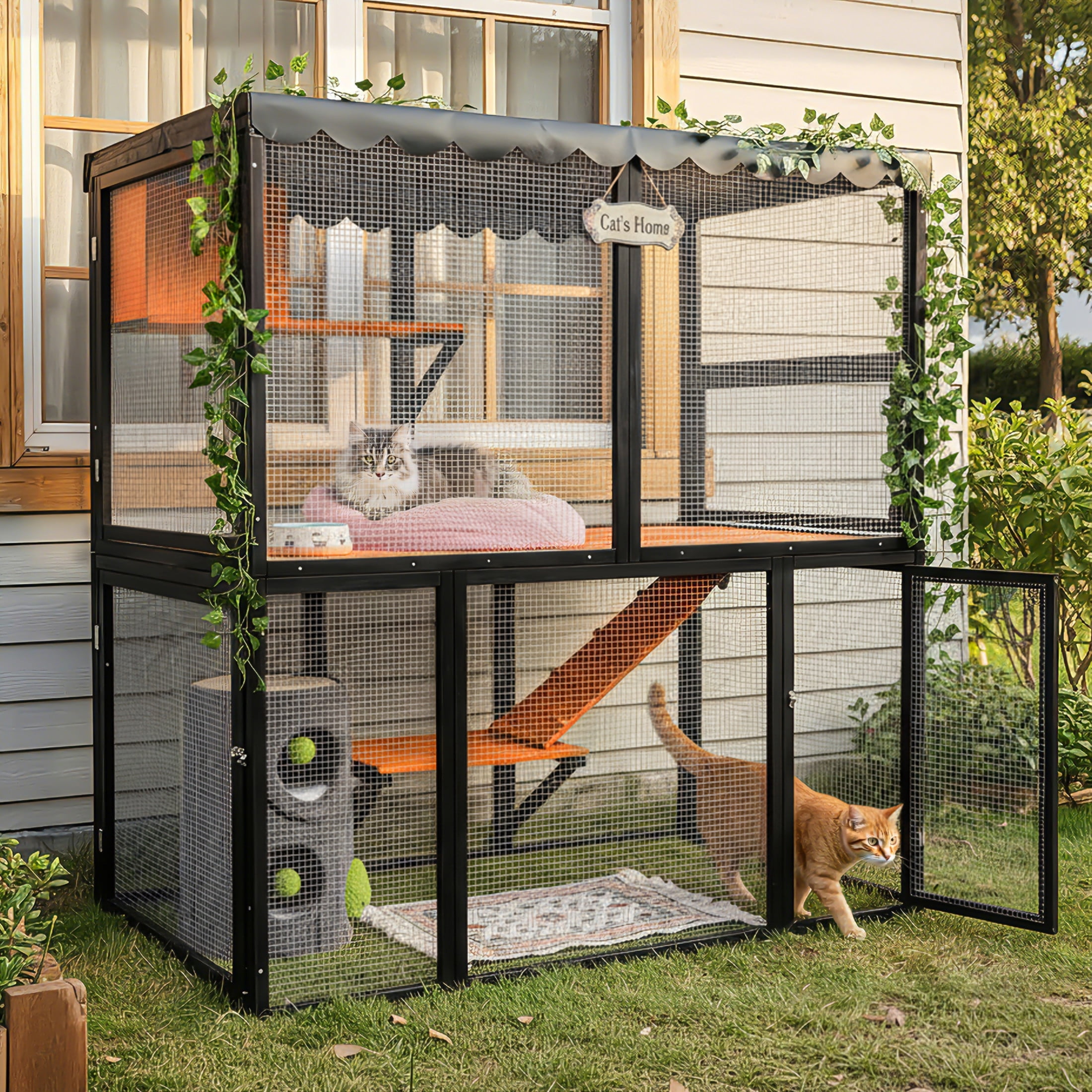 Noble House 63" Wooden Catio Outdoor Cat Enclosure, Large 4-Tier Cat House with Ramp and Waterproof Cover, Black
