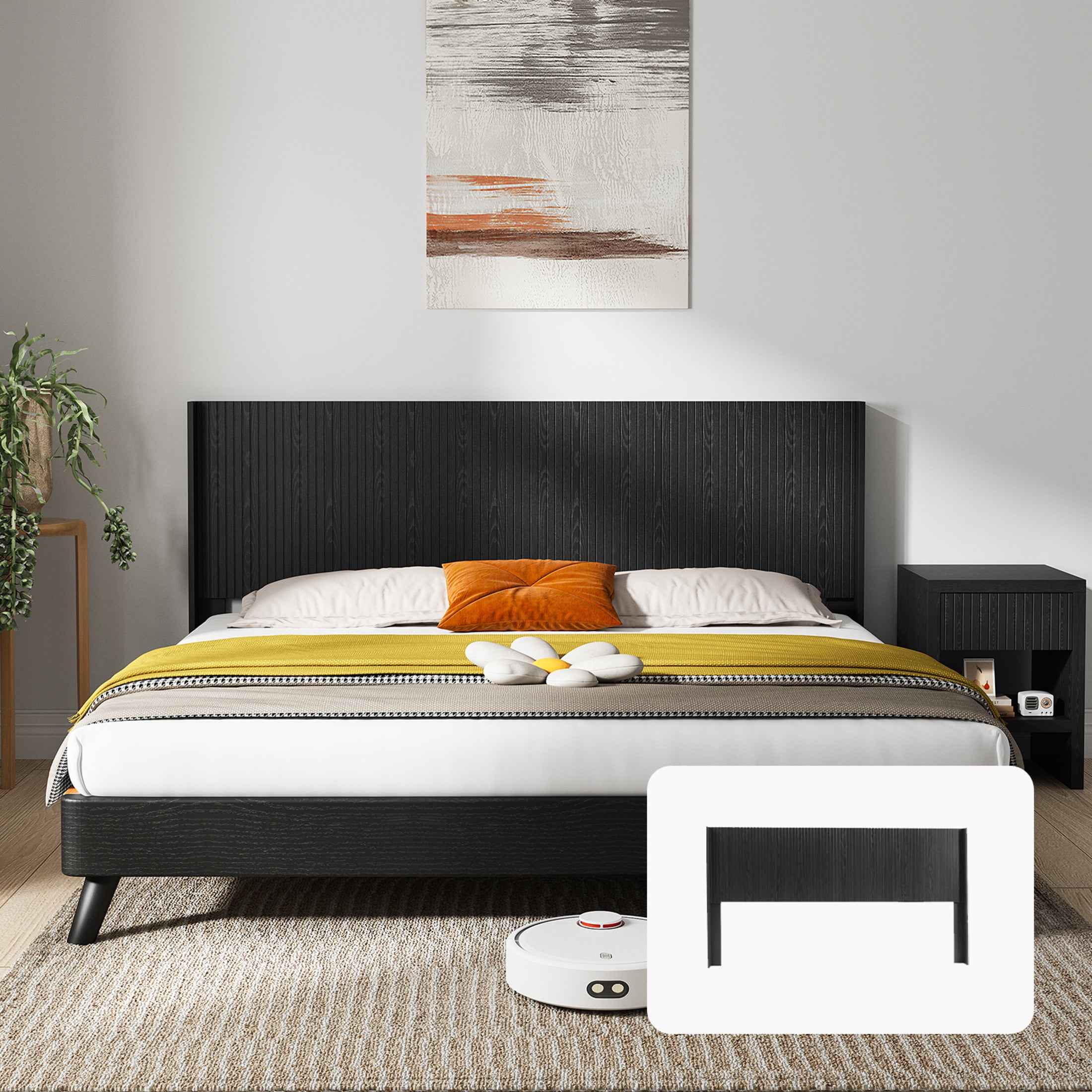 Noble House 64.4" Wood Headboard Only, Queen Size, Modern Farmhouse, Wall Mounted Fluted Panel, Black Woodgrain