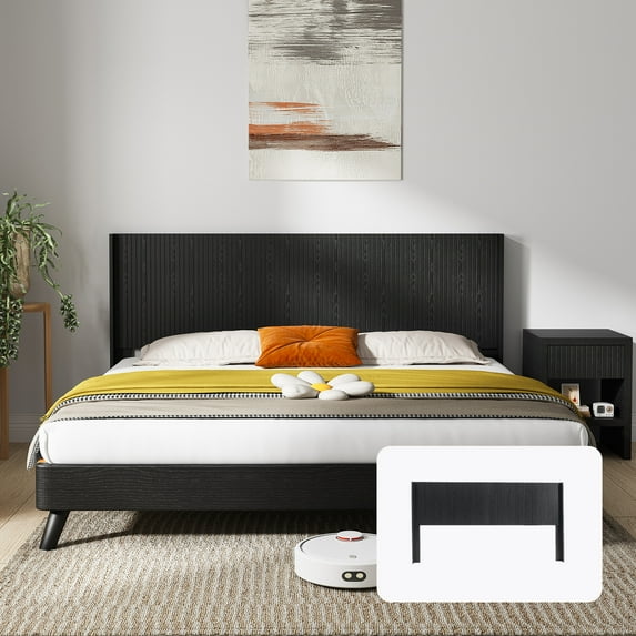 Noble House 64.4" Wood Headboard Only, Queen Size, Modern Farmhouse, Wall Mounted Fluted Panel, Black Woodgrain