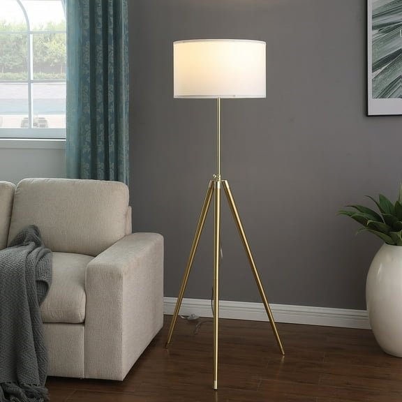 Noble House 64" Adjustable Height Tripod Floor Lamp, Brass and Shiny Metal with Linen Drum Shade, White + Gold