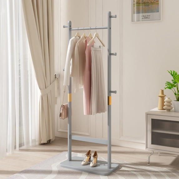 Noble House 64" Solid Rubber Wood Coat Rack, Freestanding Garment Hanger, Space-Saving Entryway Stand, Gray