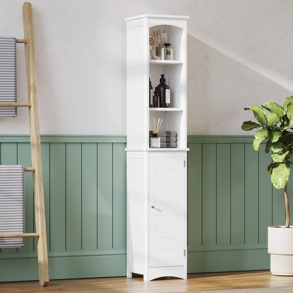 Noble House 64" Tall Bathroom Storage Cabinet, Slim Freestanding Linen Tower with Adjustable Shelves, White