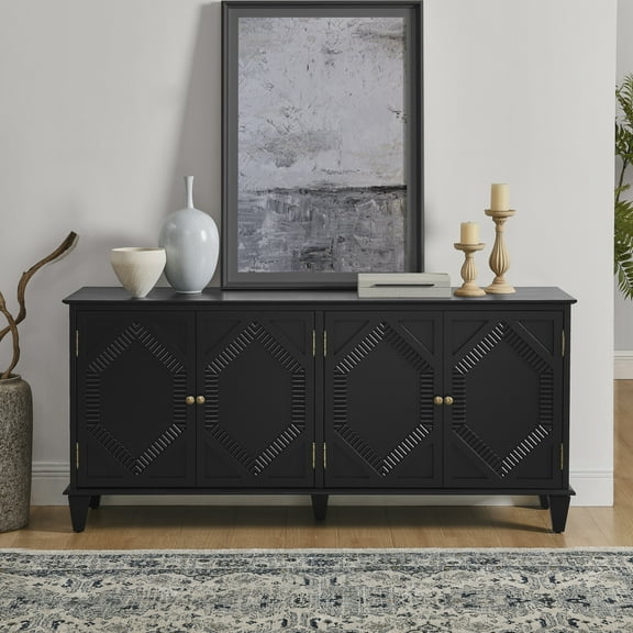 Noble House 65.2" Retro Wooden Sideboard Buffet Cabinet with Geometric Accent, Adjustable Shelf for Living Room, Black