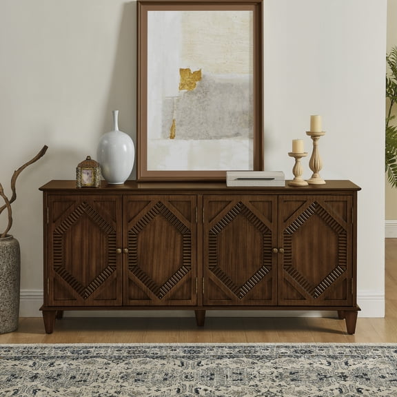 Noble House 65.2" Retro Wooden Sideboard Buffet Cabinet with Geometric Accent, Adjustable Shelf for Living Room, Walnut