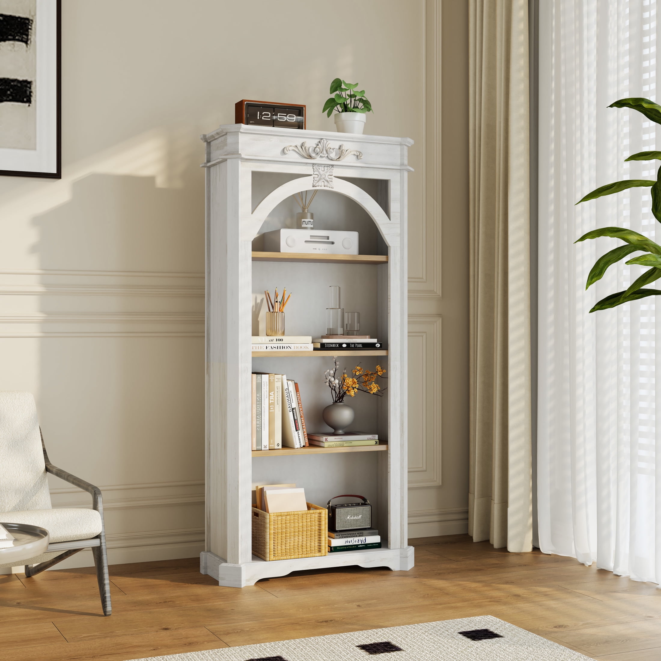 Noble House 65" Antique 4-Tier Bookcase, Tall Open Display Shelf for Home Office, Living Room, White